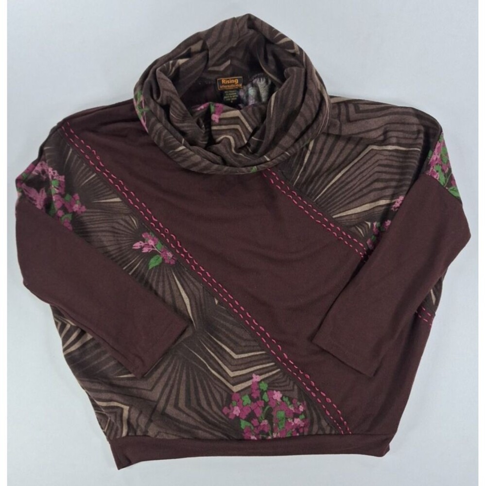 Rising International Women's Medium Cowl Neck 3/4 Sleeve Floral Top Boho